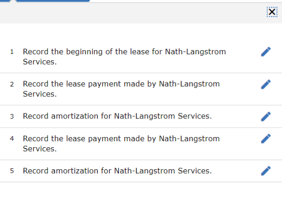 X 1 Record the beginning of the lease for Nath-Langstrom Services. 2 Record the lease payment made by Nath-Langstrom Services