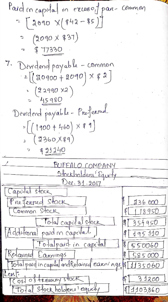 Paid in capital in excess of pan- common -[2040 x[942 -- 35)] . (2090 x $37) z $ 77330 7. Devidend payable - common = [(20900