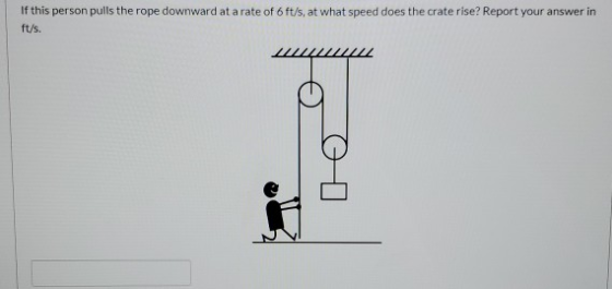 If this person pulls the rope downward at a rate of 6 ft/s, at what speed does the crate rise? Report your answer in ft/s.