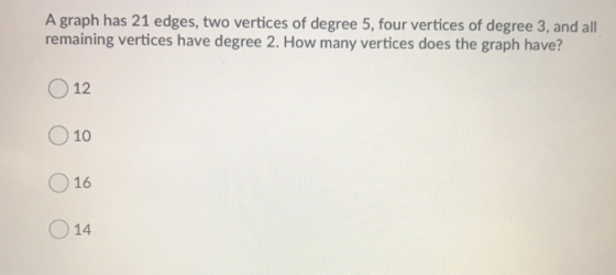 A graph has 21 edges, two vertices of degree 5, four vertices of degree 3, and all remaining vertices have degree 2. How many