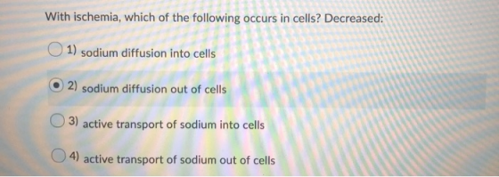 With ischemia, which of the following occurs in cells? Decreased: 1) sodium diffusion into cells O2) sodium diffusion out of