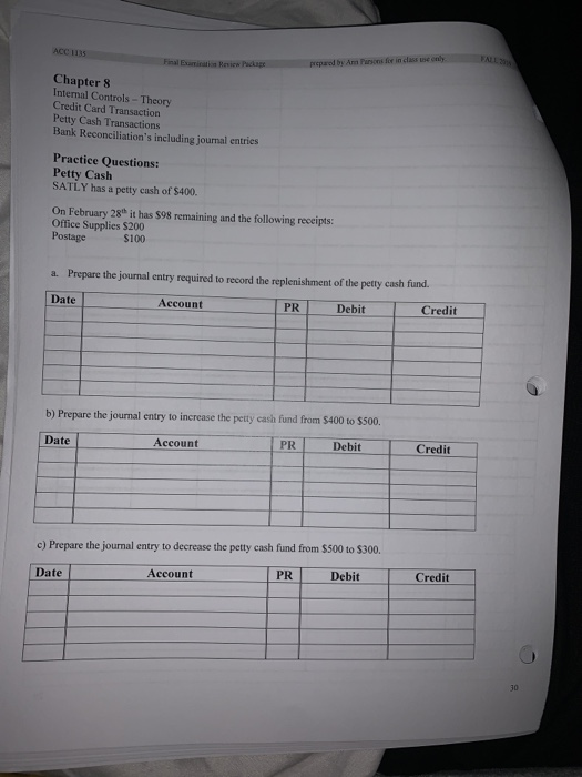 ACC 1135 prepared by Am Parsons for ind e nly FAIL Chapter 8 Internal Controls - Theory Credit Card Transaction Petty Cash Tr