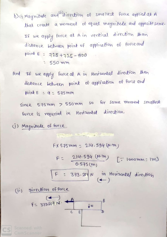 If we b)ci) Magnitude and direction of smallest force applied at a that create a moment of equal magnitude and opposite sence