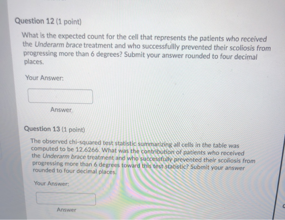Question 12 (1 point) What is the expected count for the cell that represents the patients who received the Underarm brace tr