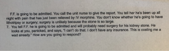 F.F. is going to be admitted. You call the unit nurse to give the report. You tell her hes been up all night with pain that