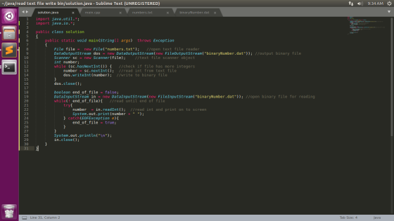 -/java/read text file write bin/solution.java - Sublime Text (UNREGISTERED) ti 1) 9:34 AM * main.cpp numbers.txt binary Numbe