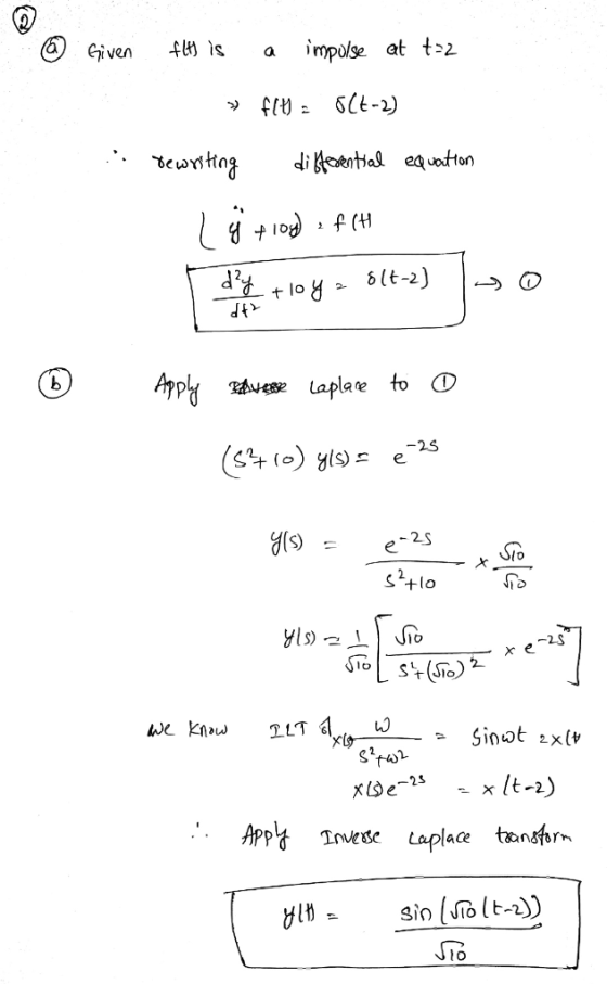 © Given ... fl4 is a impulse at t2 » fly: 8(-2) rewriting differential equation 1 g +10g) = f (H dy +loga 8(t-2) f (H 0 dt €