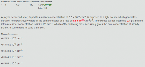PartYour AnswerCorrect AnswerToleranceMarks Comment 4.0 1% 1.00 Correct Total: 1.0 A p-type semiconductor, doped to a uniform