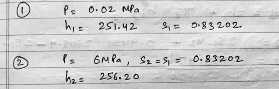 P= 0.02 MPa h = 251.42 Si= 0.83202 20 Ps GMPa, S2=51 0.83202 h₂= 256.20 2