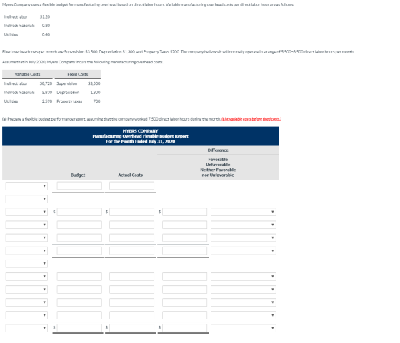 Myers Company uses a flexible budget for manufacturing overhead based on direct labor hours. Variable manufacturing overhead