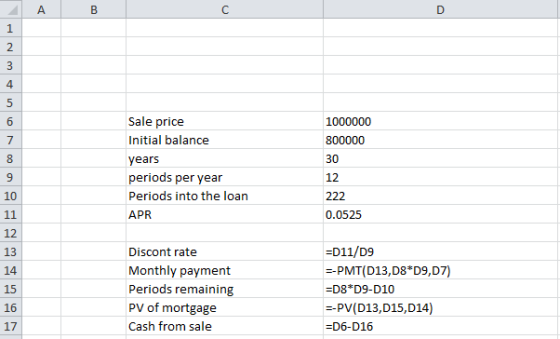 1000000 800000 Sale price Initial balance years periods per year Periods into the loan APR 12 222 0.0525 Discontrate Monthly