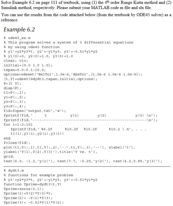 Solve Example 6.2 on page 111 of textbook, using (1) the 4th order Runge Kutta method and (2) Simulink method, respectively. Please submit your MATLAB code m file and slx file You can use the results from the code attached below (from the textbook by ODE45 solver) as a reference Example 6.2 ode45 ex.m % This program solves a system of 3 differential equations % by using ode45 function % y1 (0)=0, y2 (0)=1.0, y3 (0)=1.0 clear; clc initial [0.0 1.0 1.0] tspan 0.0:0.1:10.0; options-odeset (RelTol,1.0e-6, AbsTol, [1.0e-6 1.0e-6 1.0e-6]) [t, Y] ode45 (@dydt3,tspan, initial,options) disp (P) y1 P(,2) y2-P(:,3) y3 P:,4) fid-fopen (output.txt,w) fprintf (fid, y (2) y (3) n) for i=1 :2 : 101 fprintf (fid, %6.2f %10.2f %10.2f 10.2 \ n end fclose (fid)i plot (tl, Y(),t1,Y(, 2),-.,ti,Y:,3),), xlabelt, ylabel (Y(1),Y (2), Y (3)),titleY vs. t grid, text (6.o, -1.2, y (1), text (7.7, -0.25, y (2), text (4.2,0.85, y (3) % dydt3.m % functions for example problem function Yprime-dydt3 (t, Y) Yprime-zeros (3,1) Yprime (1)-Y (2) Y (3) t; yprime (2)--Y(1)*Y (3); Yprime (3)-0.51*Y (1) Y (2)
