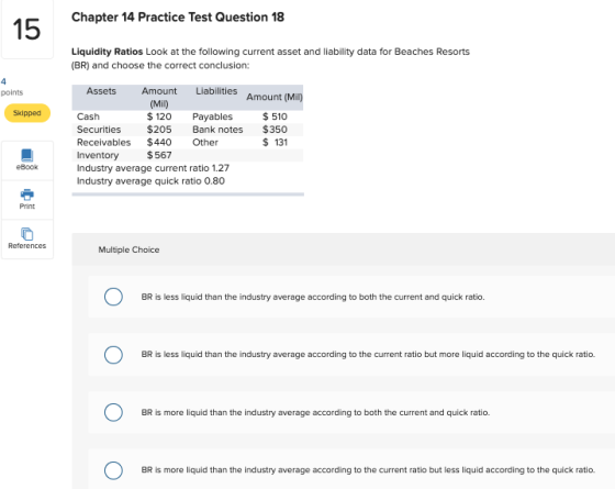 Chapter 14 Practice Test Question 18 15 Liquidity Ratios Look at the following current asset and liability data for Beaches R