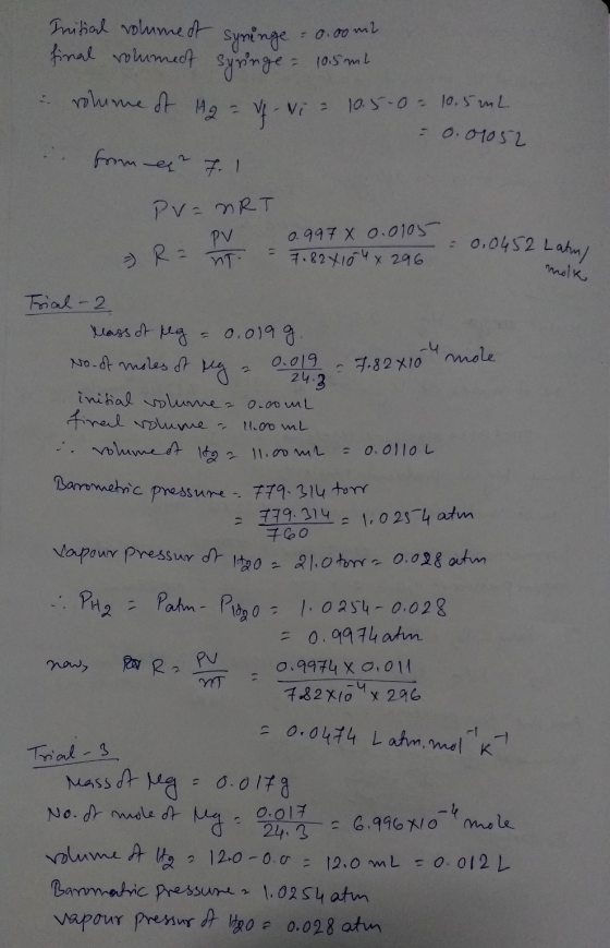 Initial volumest final volumet syninge=0.000 syringe = 10.5 ml - volume of Hoa V-via 10.5-0= 10.5 mL. -0.01052 from er 7.1 PV