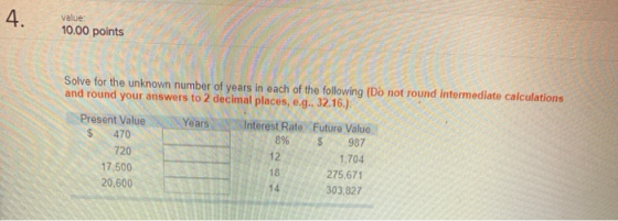 Value: 10.00 points Solve for the unknown number of years in each of the following (Do not found intermediate calculations an