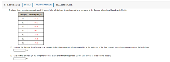 3. [0.34/1 Points] DETAILS PREVIOUS ANSWERS SCALCET8 5.1.014. The table shows speedometer readings at 10-second intervals dur
