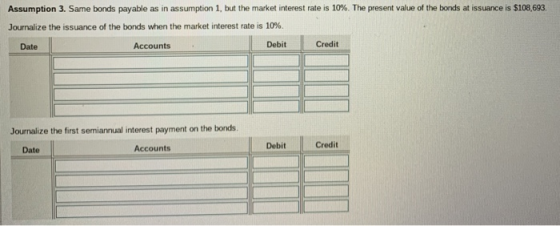Assumption 3. Same bonds payable as in assumption 1, but the market interest rate is 10 %. The present value of the bonds at