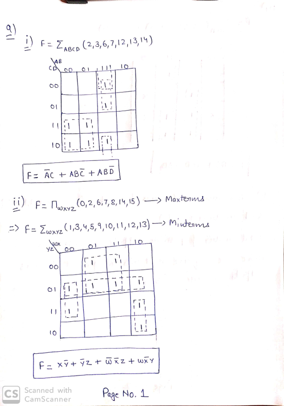 ठ 1) F= EABCD (2,3,6,7,12,13,14) \АВ CD oo 10 - 01 HT ī fo FF AC + ABC + ABD Maxterms ii) F= Mwxyz (0,2,6,7,8,14,15) -> F= Ew