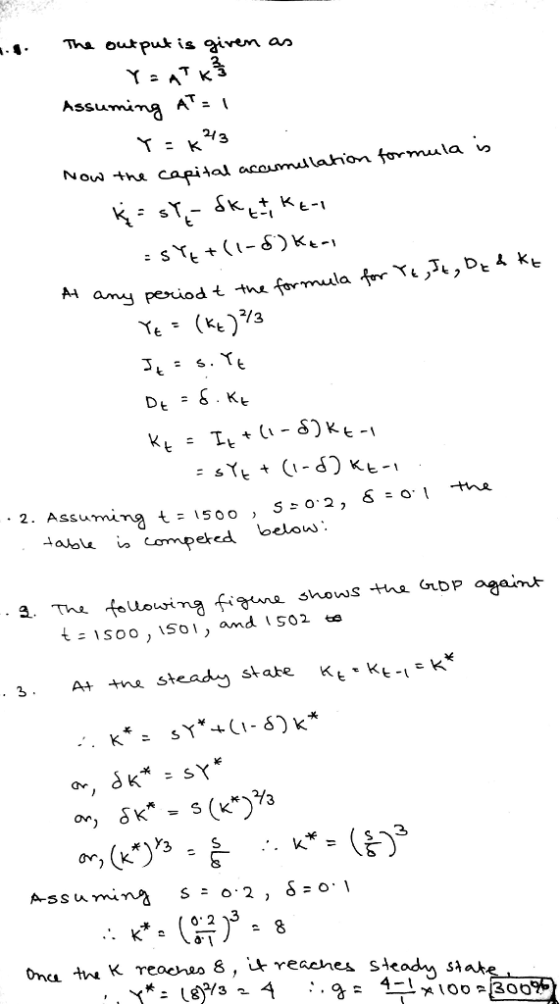Assumim AT- I ~ow-the cafital acumulahon formula Ye() 2. Assumim t 1500 Lompeed below SOO, 1So1, and S02 3. A +ne steady state Kt Kc -1 e k* or K Once tru K Yeacheo 8, 나reaches ste stake