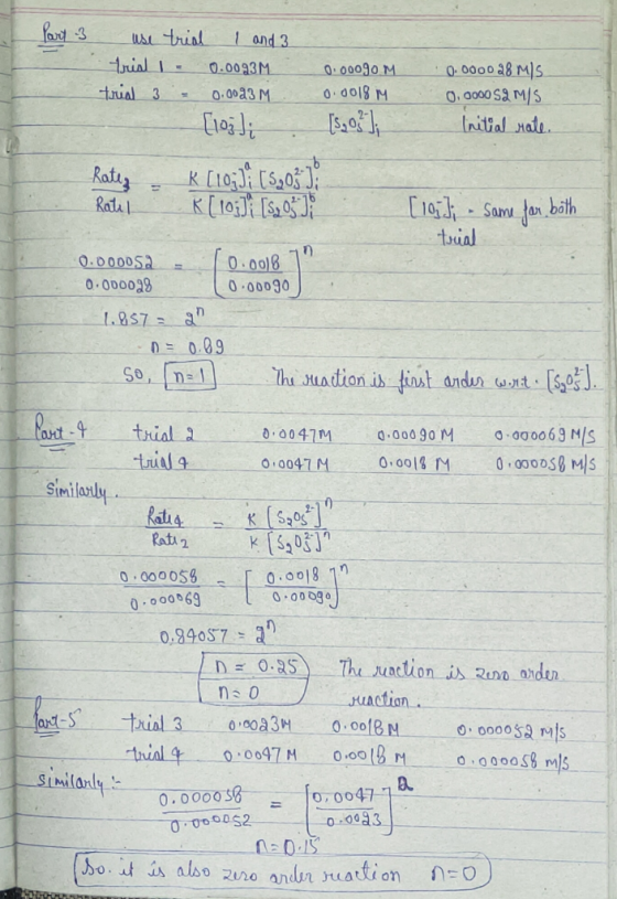 Part 3 use trial 1 and 3 Trist I - 0.0093 M 0.ooogom 0.0000 28 M/S trial 3 = 0.0023 M 0.0018 M 0,0000 S2 m/s [103] [5,0}]; in