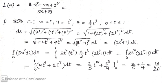 1 (9) a @ x + 2a+y = SE3%+34 20 C: x=t, 9 = ť, 2 = , osts/ a ds = √(2)*+ (yl) %* (27% = V1 + (26) + (28) at. = V+ H2O +429