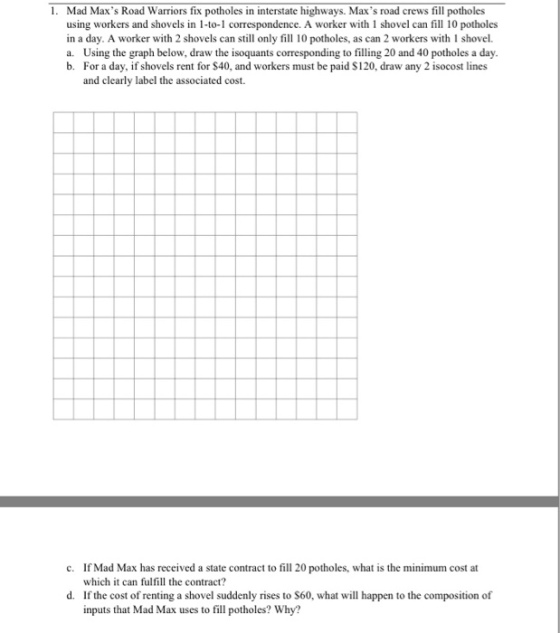 Mad Maxs Road Warriors fix potholes in interstate highways. Maxs road crews fill potholes using workers and shovels in 1-to-1 correspondence. A worker with 1 shovel can fill 10 potholes in a day. A worker with 2 shovels can sl only fill 10 potholes, as can 2 workers with 1 shovel. a. Using the graph below, draw the isoquants corresponding to filling 20 and 40 potholes a day. b. For a day, if shovels rent for $40, and workers must be paid S120, draw any 2 isocost lines 1. and clearly label the associated cost. If Mad Max has received a state contract to fill 20 potholes, what is the minimum cost at which it can fulfill the contract? c. d. If the cost of renting a shovel suddenly rises to S60, what will happen to the composition of inputs that Mad Max uses to fill potholes? Why?
