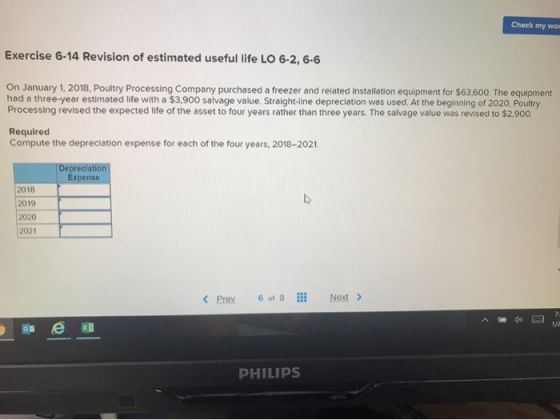 Check my wor Exercise 6-14 Revision of estimated useful life LO 6-2, 6-6 On January 1, 2018, Poultry Processing Company purch