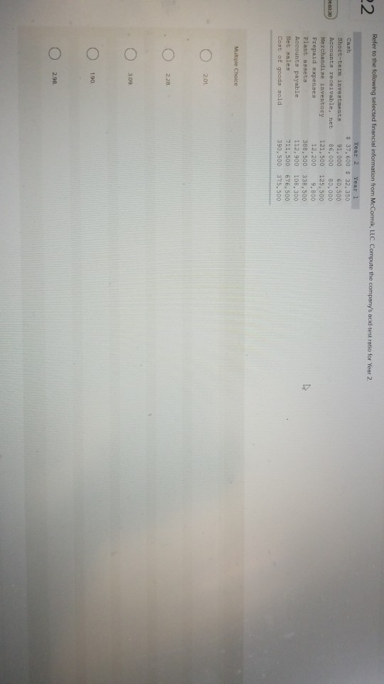 Refer to the following selected financial information from McCormik, LLC. Compute the companys acid test ratio for Year 2 Ca