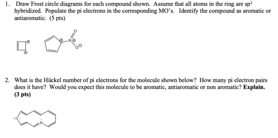 1. Draw Frost circle diagrams for each compound shown. Assume that all atoms in the ring are sp2 hybridized. Populate the pi
