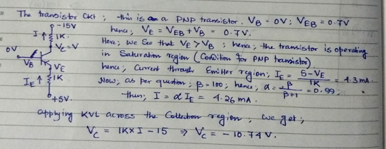 30 ov VE The transistor Ckt ; this is an a PNP transistor. VB = OV VEB = 0.7V -15V hence, VE = VEB+ Vg = 0.IV. ITSIK Here, we