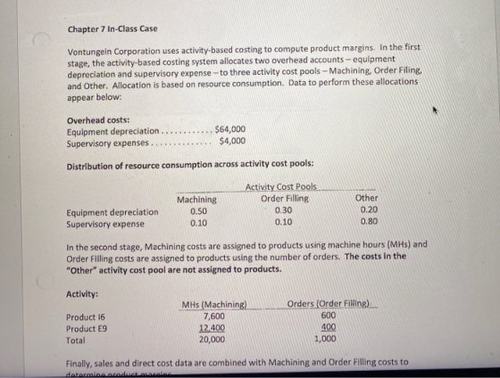 Chapter 7 In-Class Case Vontungein Corporation uses activity-based costing to compute product margins. In the first stage, th
