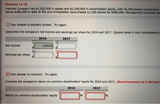 Exercise 11-15 Ivanhoe Company has $1,200,000 in assets and $1,200,000 in stockholders equity, with 42,200 shares outstandin
