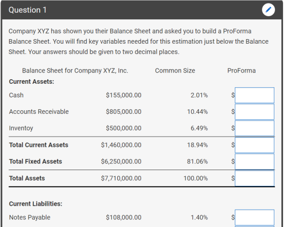 Question 1 Company XYZ has shown you their Balance Sheet and asked you to build a ProForma Balance Sheet. You will find key variables needed for this estimation just below the Balance Sheet. Your answers should be given to two decimal places Balance Sheet for Company XYZ, Inc. Common Size ProForma Current Assets: Cash Accounts Receivable $155,000.00 $805,000.00 $500,000.00 $1,460,000.00 $6,250,000.00 $7,710,000.00 2.01% 10.44% 6.49% 18.94% 81.06% 100.00% Inventoy Total Current Assets Total Fixed Assets Total Assets Current Liabilities: Notes Payable $108,000.00 1.40%