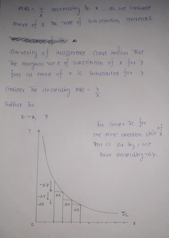 MRS = Y X decreasing in x , as we consume The rate of substitution decreasel. more of Х Me testade of the man Convexity of in