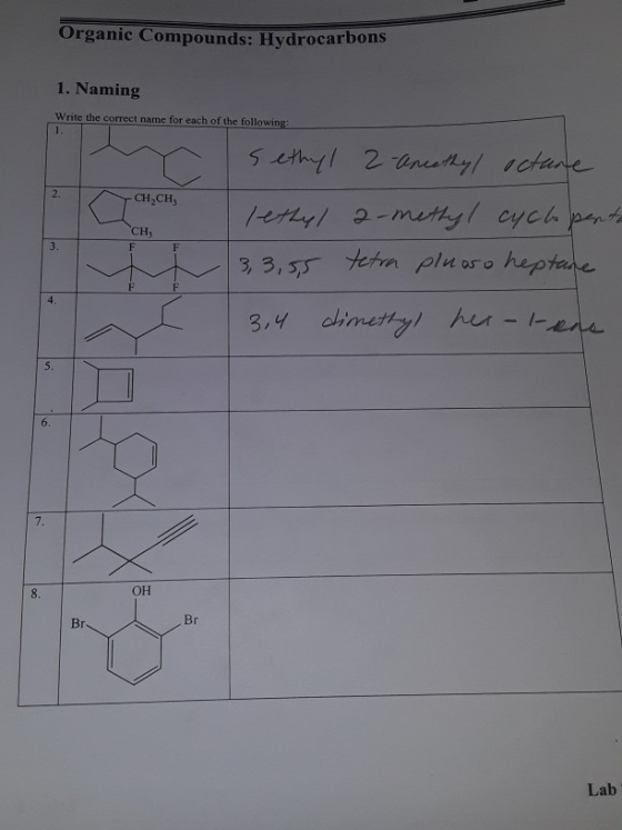 Organic Compounds: Hydrocarbons 1. Naming Write the correct name for each of the following: Y TCHỊCH 1,cu CH Sethyl 2 Greethy
