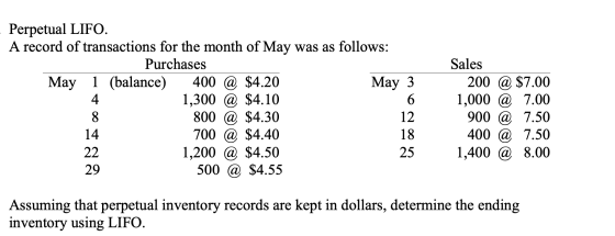 Perpetual LIFO. A record of transactions for the month of May was as follows: Purchases May 1 (balance) 400 @ $4.20 May 3 1,3