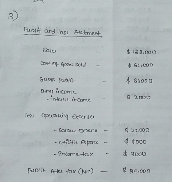 3) Puotit and loss Etaternent $ 123,000 Sales COSt Of Goodi Sold $ 62 r000 $ 6li000 Guoss puotit Othee income -inteuel ihcome