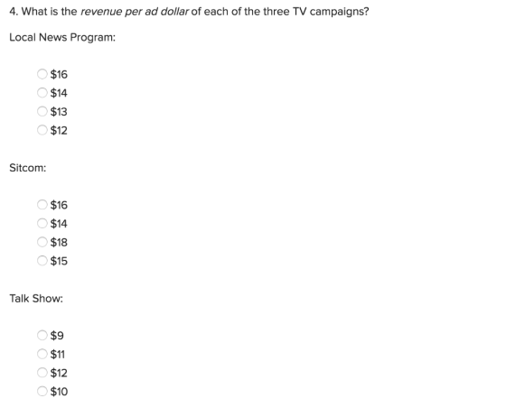 4. What is the revenue per ad dollar of each of the three TV campaigns? Local News Program: $16 $14 $13 $12 Sitcom $16 $14 $1
