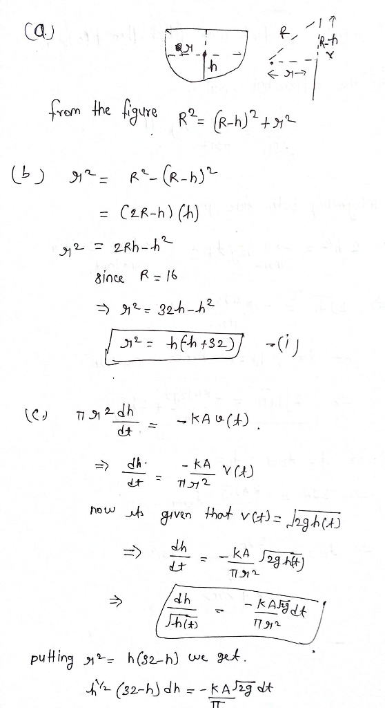 R-17 / from the figure R² = (R-h)² +12 (b) 912=R?_(R-6) 2 = C2R-6) (h) 92 = 2Rh-h² since R=16 » 92= 32h-h² r2 = tfh +32)] (