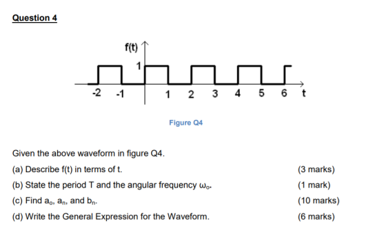 Question 4 f(t) 1 -2 1 Figure Q4 Given the above waveform in figure Q4. (a) Describe f(t) in terms of t (b) State the period T and the angular frequency wo. (c) Find ao, an, and bn (d) Write the General Expression for the Waveform. 3 Warkces (10 marks) (6 marks)