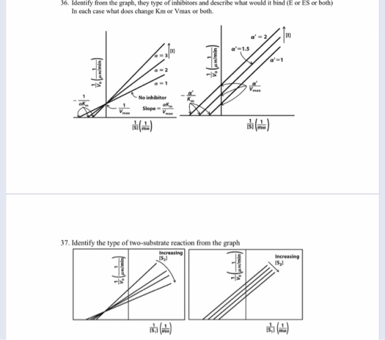 36. Identify from the graph, they type of inhibitors and describe what would it bind (E or ES or both) In each case what does
