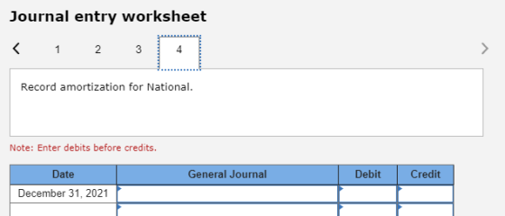 Journal entry worksheet Record amortization for National. Note: Enter debits before credits. General Journal Debit Credit Dat
