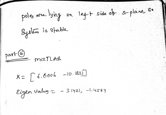 s-plane, so poles are lying on left side of Systems is stable part ② = maTLAB Ka [ 6.6006 -10.1831] alue = - 3.1421, -1.4584