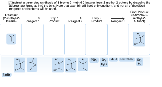 Construct a three-step synthesis of 3-bromo-3-meth