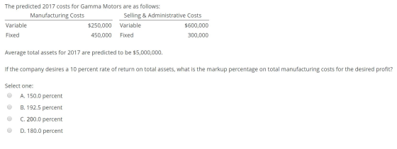 The predicted 2017 costs for Gamma Motors are as follows: Manufacturing Costs Selling & Administrative Costs Variable $250,00
