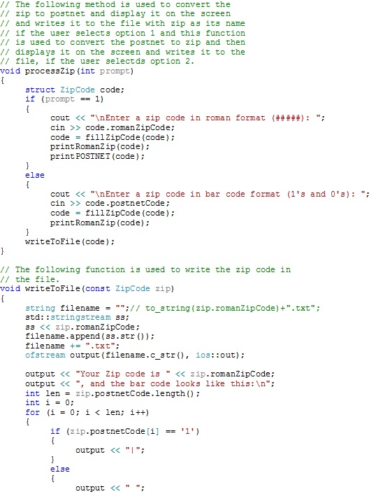 // The following method is used to convert the /I zip to postnet and display it on the screen // and writes it to the file wi