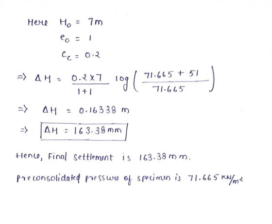 Не Но 1) eo - I сс = 0,2 2) ДңО.4x7 71-465 + 51 log 1+1 11.665 -> Дң О. 16 338 m) -) Дң : 163, 39 mm Hence, Final settlement