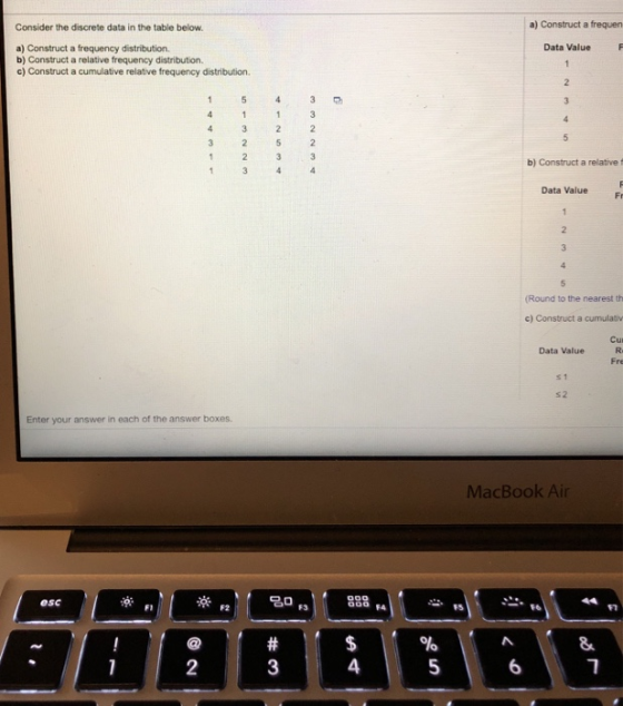 Consider the discrete data in the table below a) Construct a frequern Data ValueF a) Construct a frequency distribution b) Construct a relative frequency distribution. c) Construct a cumulative relative frequency distribution. b) Construct a relative f Data Value Fr (Round to the nearest th c) Construct a cumulativ Cur Data Value s 2 Enter your answer in each of the answer boxes. MacBook Air 20 9 esc 16 F2 15 2 6
