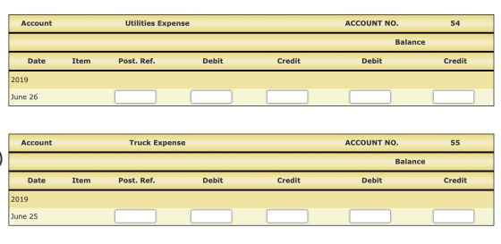Account Utilities Expense ACCOUNT NO. 54 Balance Date Item Post. Ref. Debit Credit Debit Credit 2019 June 26 Account Truck Ex