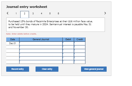Journal entry worksheet < 1 2 3 4 5 6 Purchased 15% bonds of Facsimile Enterprises at their $16 million face value, to be hel
